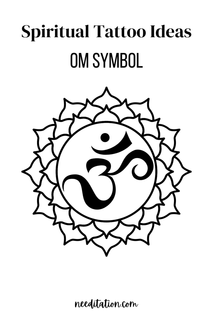 A serene Om symbol tattoo design. The Om symbol is elegantly depicted with graceful curves and lines, representing the sacred sound and vibration of the universe. The symbol is enclosed within a delicate lotus flower, signifying purity and spiritual awakening. Rays of light radiate from the Om, symbolizing enlightenment and divine connection. The tattoo exudes a profound sense of peace, harmony, and spiritual significance, encapsulating the essence of ancient wisdom and inner tranquility